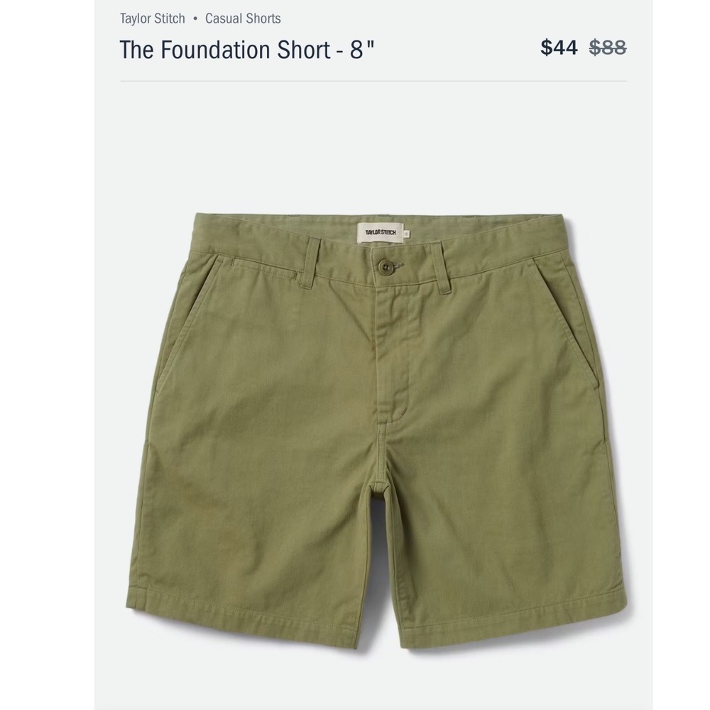 Taylor Stitch The Foundation Short - 8" Size 38 Organic Cotton Olive Twill color